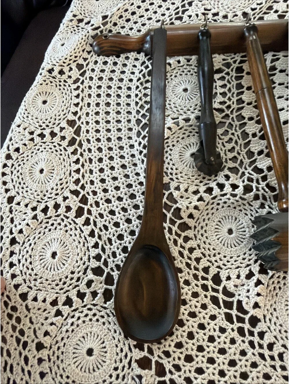 Vtg Kitchen Primitive Wood County Farmhouse 6 Piece Utensil Set Rolling Pin
